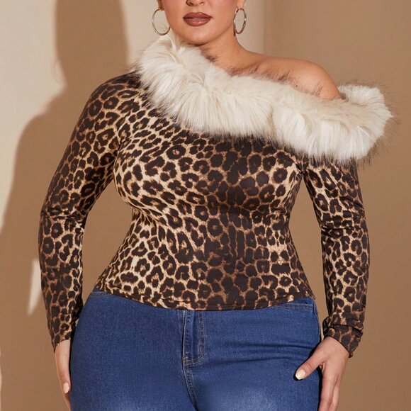 Tops - Women's Plus Size Faux fur Asymmetrical Shoulder Long Sleeve Top